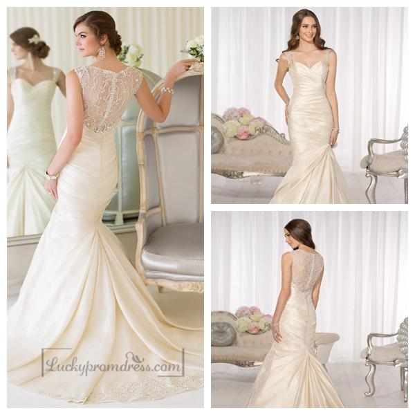Hochzeit - Luxury Beaded Straps Fit and Flare Sweetheart Wedding Dresses with Illusion Back