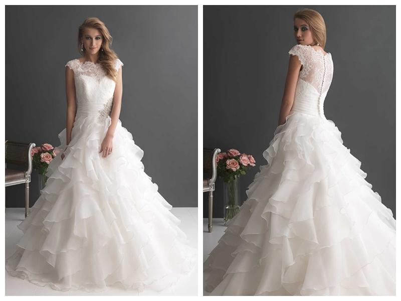 Hochzeit - Cap Sleeves Ruffled Layered Ball Gown Wedding Dress with Ruched Band