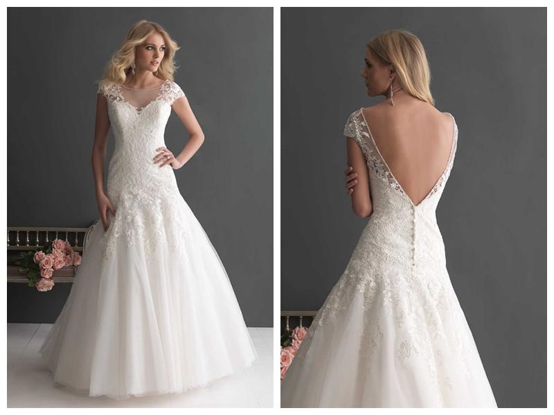 Hochzeit - Elegant A-line Cap Sleeves Bateau Neckline Wedding Dress with Deep V-back
