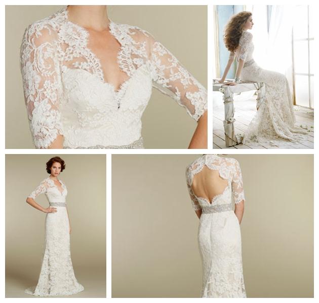 Mariage - Lace Over Three Quarter Sleeve Sweetheart Modified Wedding Dress with Keyhole Back