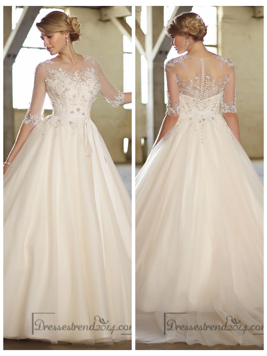 Mariage - Illusion Boat Neckline Three-Quarter Sleeves Embellished Wedding Dresses