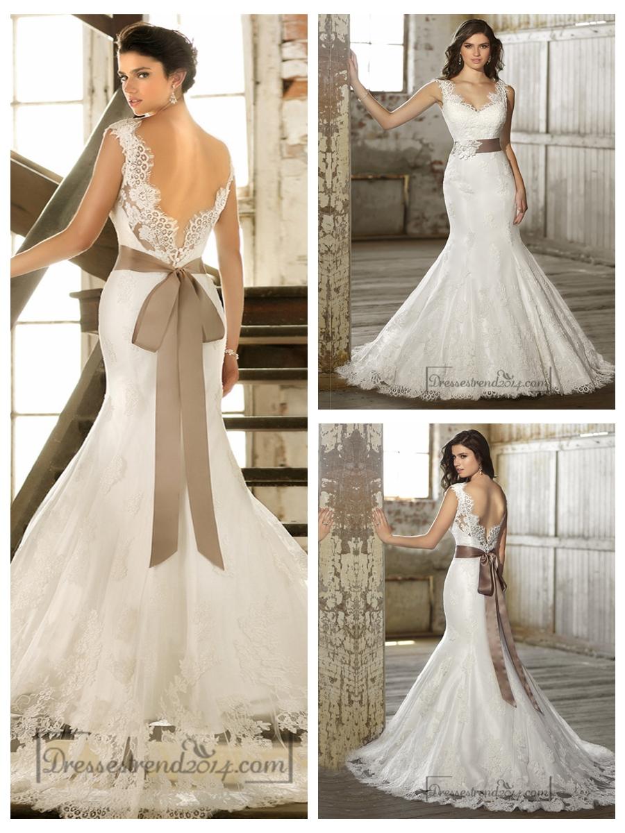 Hochzeit - Straps V-neck Trumpet Lace Wedding Dresses with Deep V-back