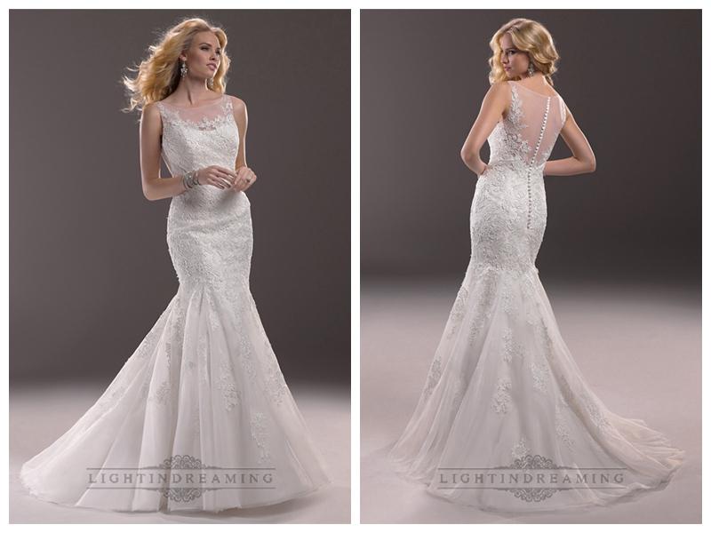Mariage - Fit and Flare Illusion Bateau Neckline Lace Wedding Dresses with Illusion Back