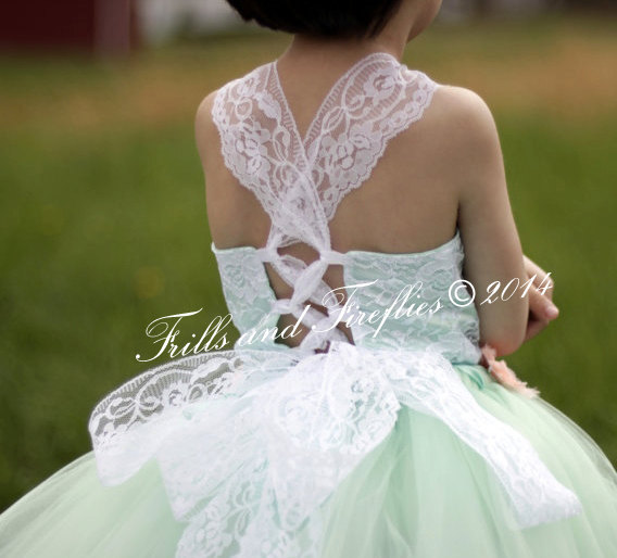 Wedding - Mint Flower Girl Vintage Lace Corset Dress-Lace Shabby Chic Corset Halter Dress-Tutu Dress-  Size 1t, 2t, 3t, 4t, 5t, 6, 7, 8, 10 or 12