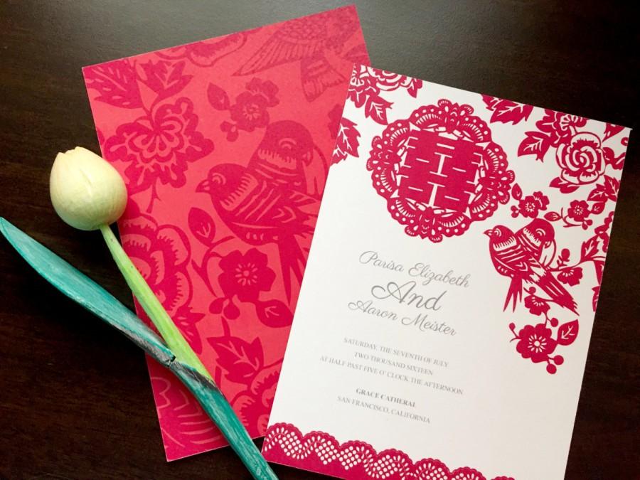 زفاف - DIY Printable Chinese Wedding/Celebration Invitation Card Template Instant Download_ Birds Paper Cut Pink 结婚请帖 喜喜Double Happiness