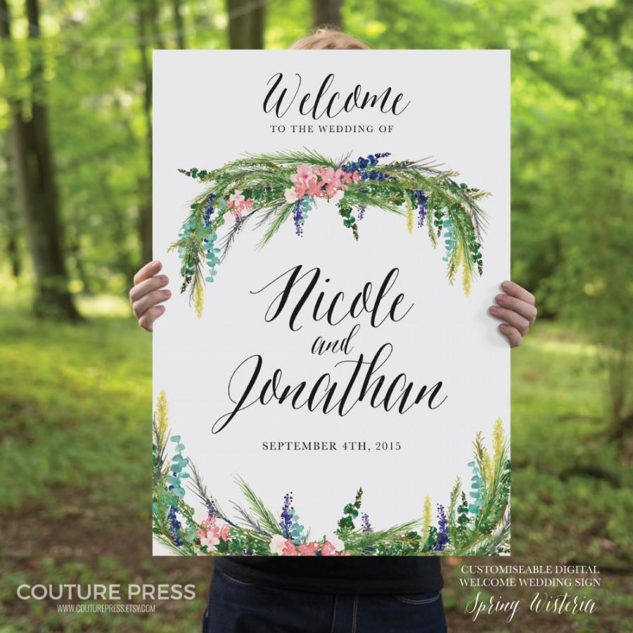 Свадьба - Printable Wedding Welcome Sign, Watercolor Spring Wisteria, Rustic Whimsical DIY Printable Sign, Wedding Signage