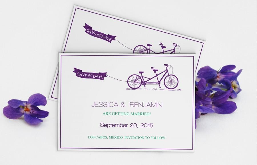 Wedding - Eggplant Purple Tandem Bike Save the Date Wedding Editable PDF Templates
