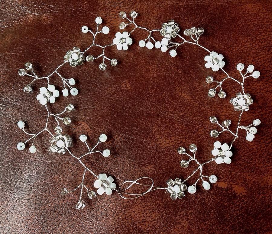 Mariage - Wedding Hair Vine Pearls Silver Tiara headband crown flower bridal 20"