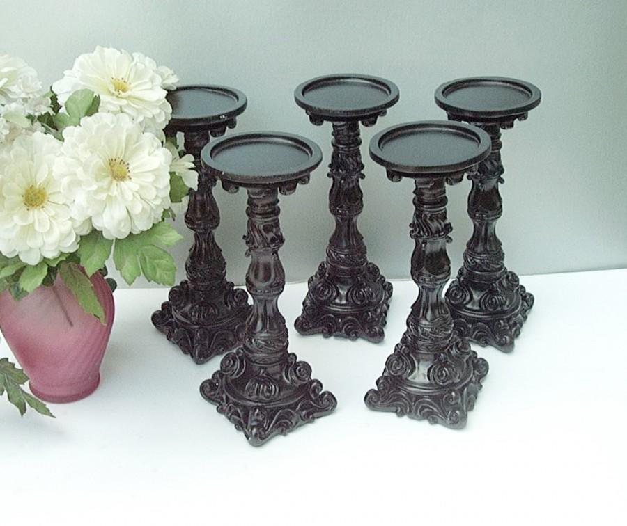 Hochzeit - Pillar Candle Holder Set of 5 Black Satin Wedding Candles