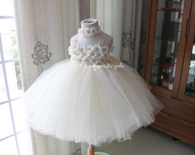 Свадьба - Ivory Hydrangea Tutu Dress Flower Girl Dress Rustic Without Matching Headpiece 1t2t3t4t5t6t7t8t9t10t
