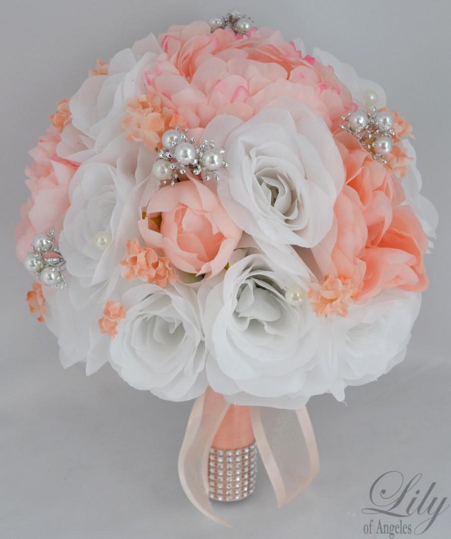 زفاف - 17 Piece Package Wedding Bridal Bride Maid Of Honor Bridesmaid Bouquet Boutonniere Corsage Silk Flower WHITE PEACH "Lily Of Angeles" WTPI02