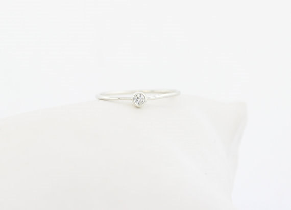 Wedding - Round Brillaint Cut Diamond Engagement Ring, Sterling 925 Silver Thin Dainty Bezel Set Engagement Ring, Stacking Silver Diamond Ring