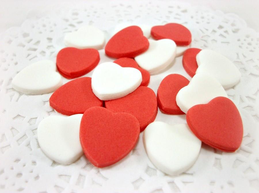 Wedding - Fondant Hearts Cupcake Topper, Valentine Party Decor, Wedding Cake Edible Topper, Red Sugar Heart, Edible Heart Topper, Candy Favor-set 50