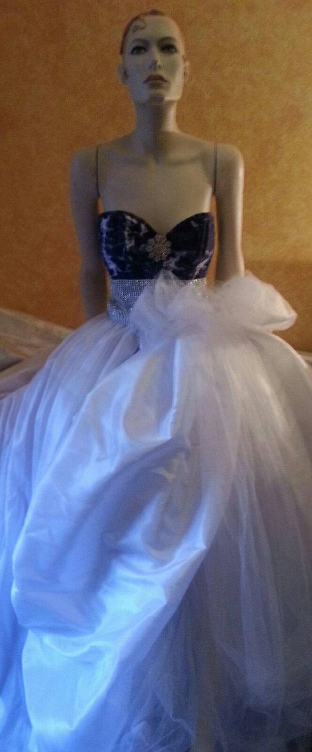 Hochzeit - Denim & Diamonds Tie Dye Corset White Taffeta Illusion Crystal Pickup Tulle Bow Wedding Ball Gown Skirt Set Party Dress(By Special Order)
