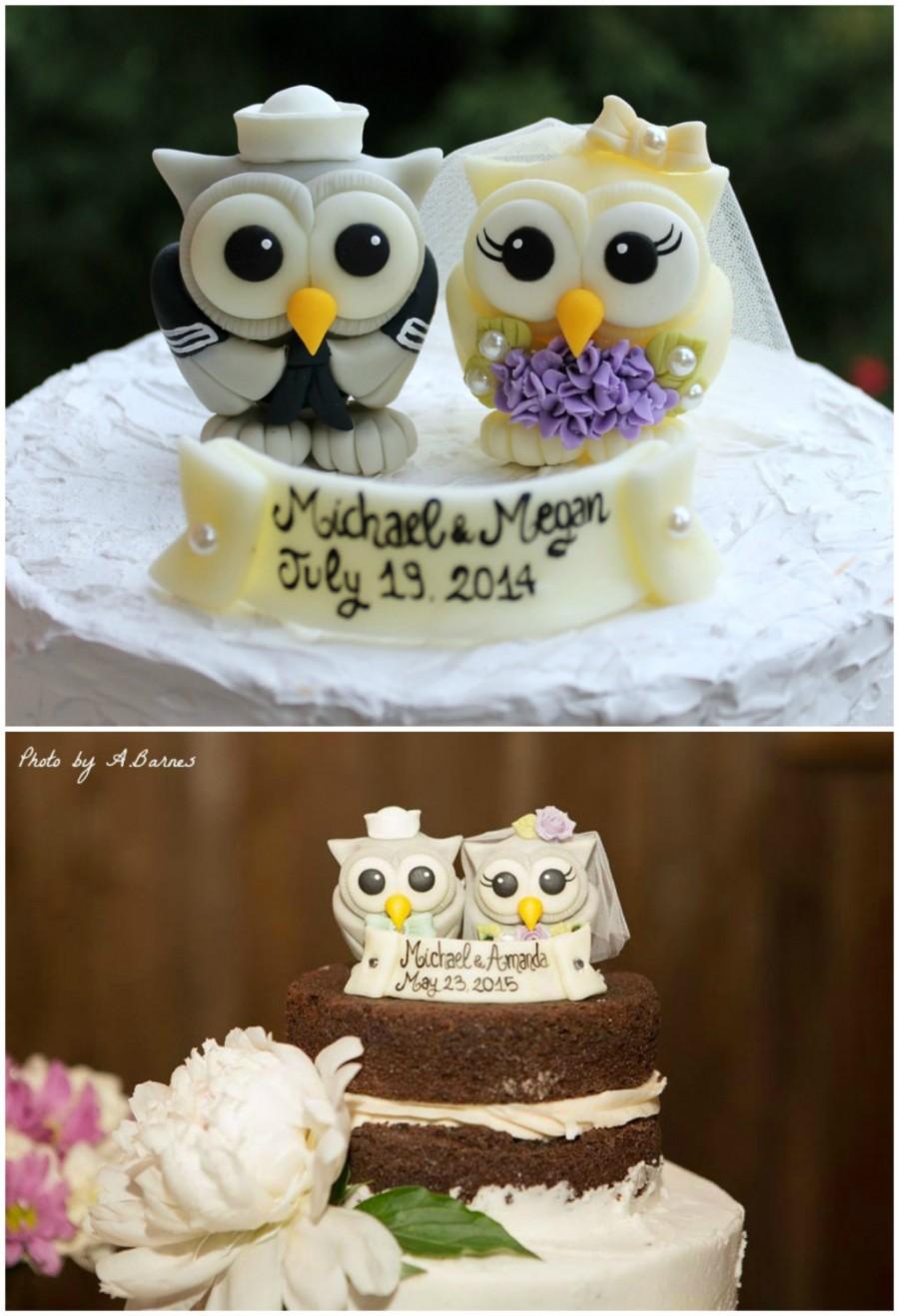 Mariage - Love birds owls wedding cake topper, Navy uniform for groom, customizable