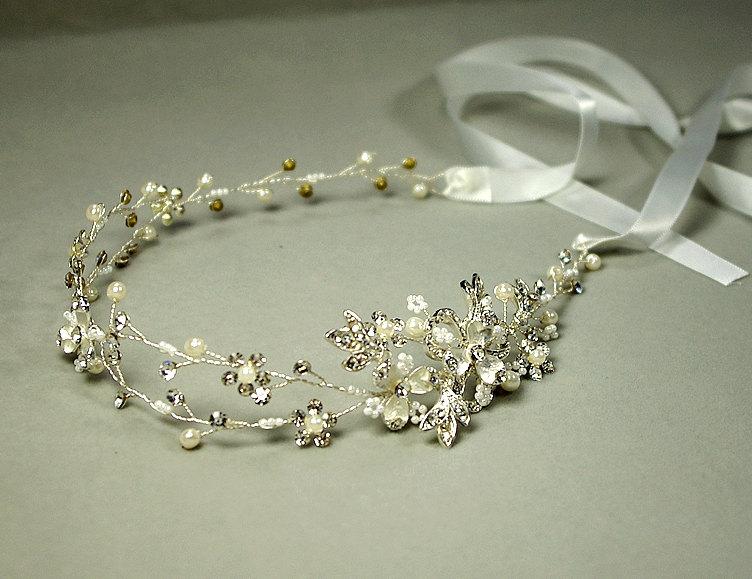 Mariage - Floral hair vine, wedding headband, bridal headpiece, Wedding halo, Pearl  rhinestone headband, Ribbon, Gold , Silver Nature inspired