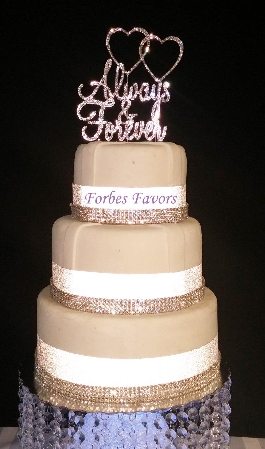 زفاف - Real Rhinestone Always and Forever With Double Heart Set of 2 Silver Wedding Love Cake Topper By Forbes Favors