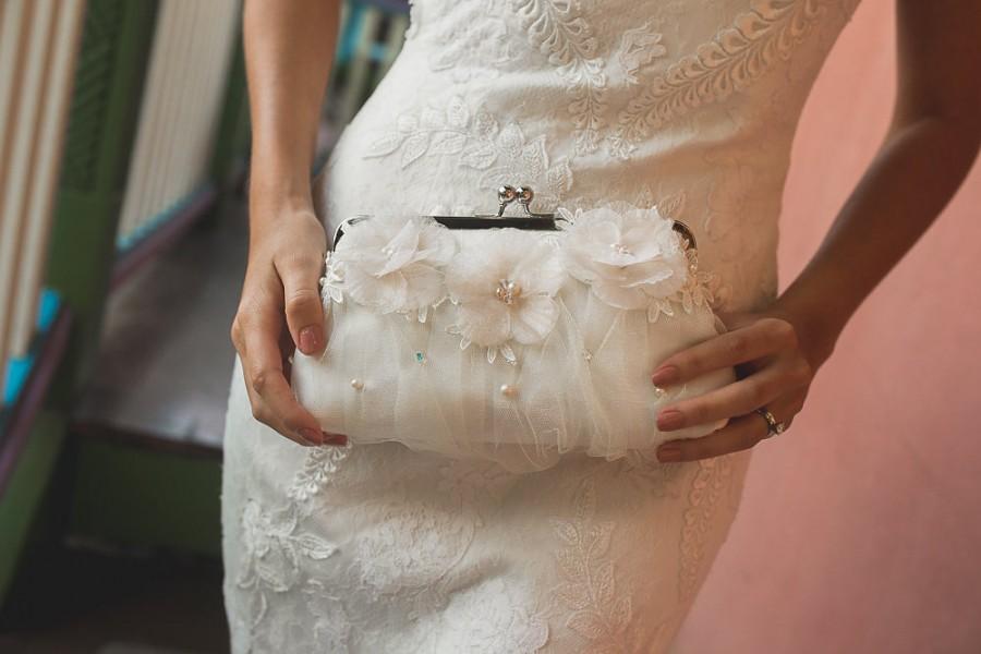 Wedding - Ivory and Champagne Bridal Clutch with Alencon French Lace Organza Flower and Freshwater Peals Swarovski Crystals in Ivory LAFORET ANGEE W.