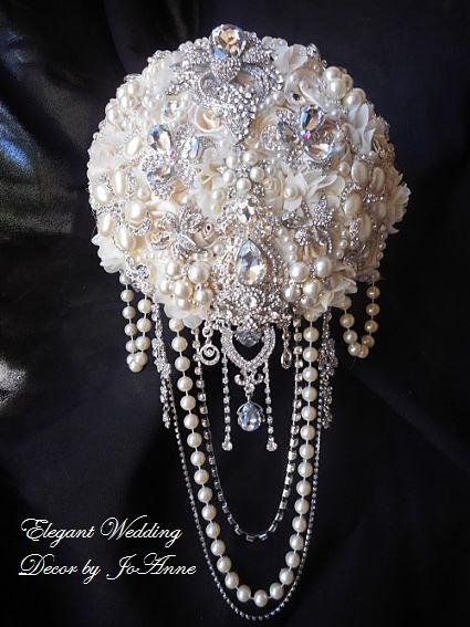 زفاف - Ivory Cascading Pearl Brooch Bouquet, Deposit for a Large Cascading Jeweled Silver Brooch Wedding Bouquet, Broach Bouquet, Jeweled Bouquet