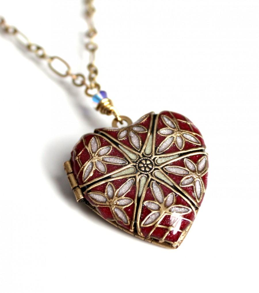 Hochzeit - Women's Locket Necklace Gift For Her Heart Locket Red Necklace Gift For Mom Photo Locket Picture Locket Filigree Locket Brass Locket Unique