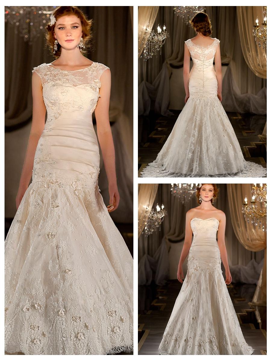 Wedding - Fit Flare Sweetheart Appliques Pleated Wedding Dress with Illusion Bateau Embroidered Lace Jacket