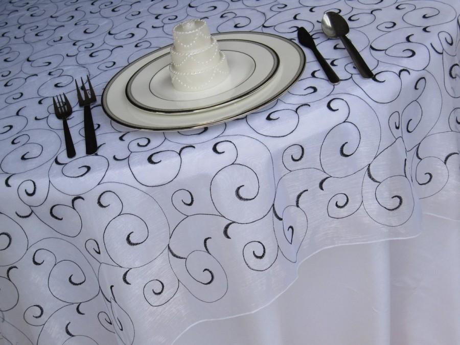 Wedding - White Black Swirl Embroidered Organza Table Overlay Wedding Table Overlay