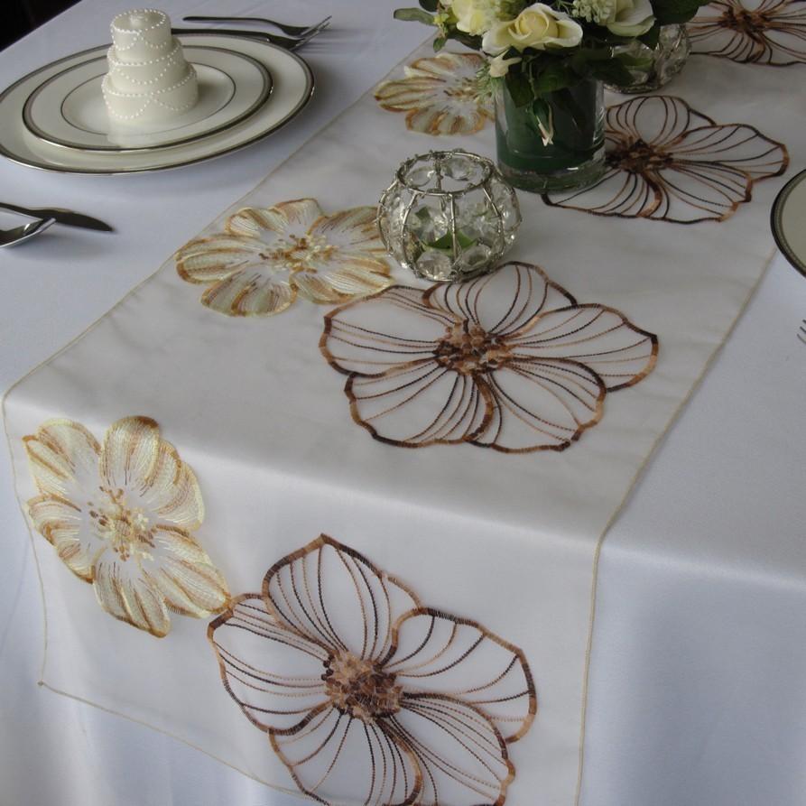 Mariage - Large Flower Ivory and Brown Embroidrered Table Runner