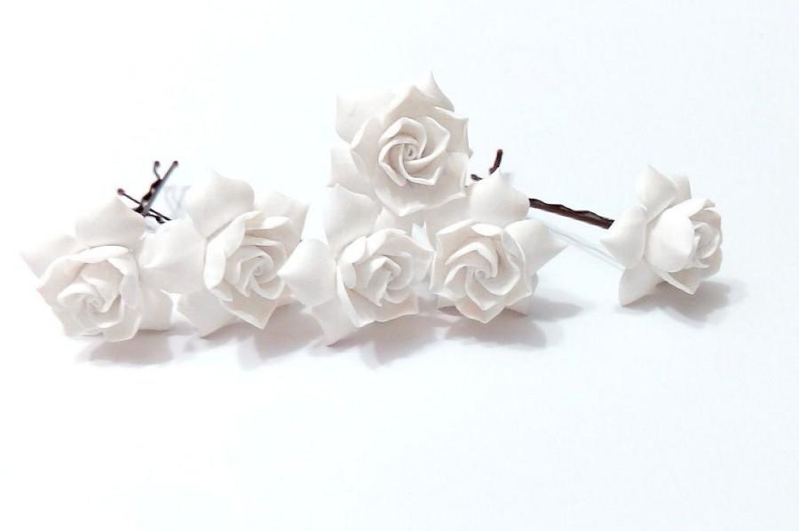 زفاف - White gardenia hair flower Set of 6, white Gardenia Hair Clip, gardenia Hair pin, white Bridal Hair Flowers, gardenia, Wedding Hair Set of 6