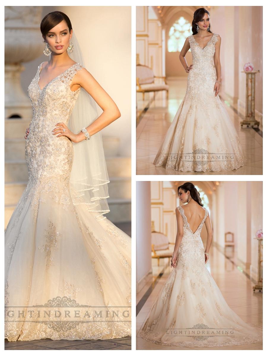 Hochzeit - Elegant Straps Pluging V-neck Beaded Lace Wedding Dresses with Deep V-back