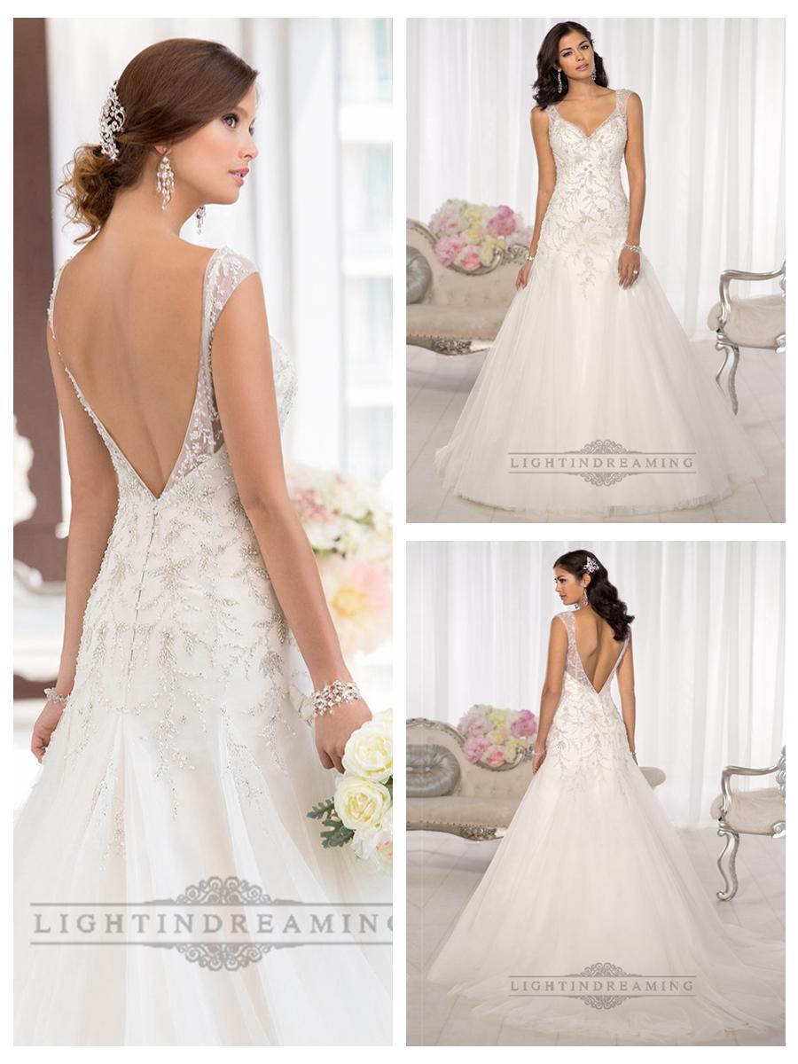 Свадьба - Elegant Beaded Cap Sleeves Sweetheart Embellished Wedding Dresses with Low V-back