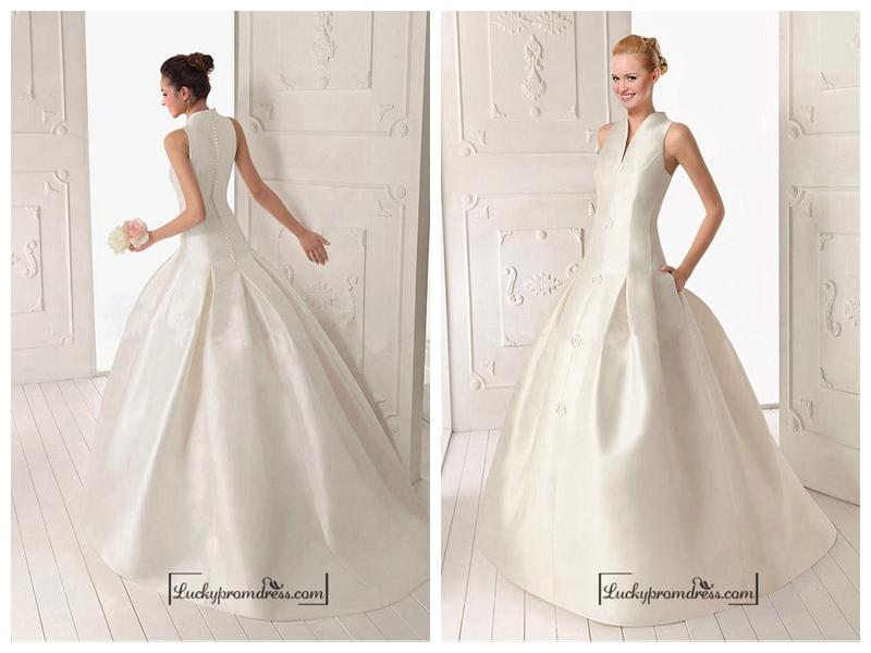Hochzeit - Beautiful Satin ball gown V-neck Natural Waist Wedding Dress With Handmade Flowers
