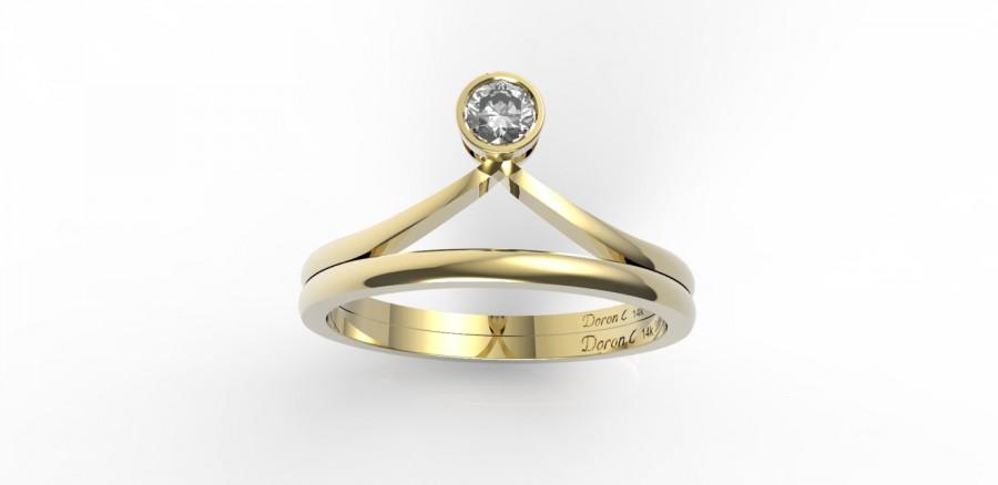 Hochzeit - Engagement ring & wedding band, 14K yellow gold with diamond engagement ring,Chevron ring, Anniversary ring