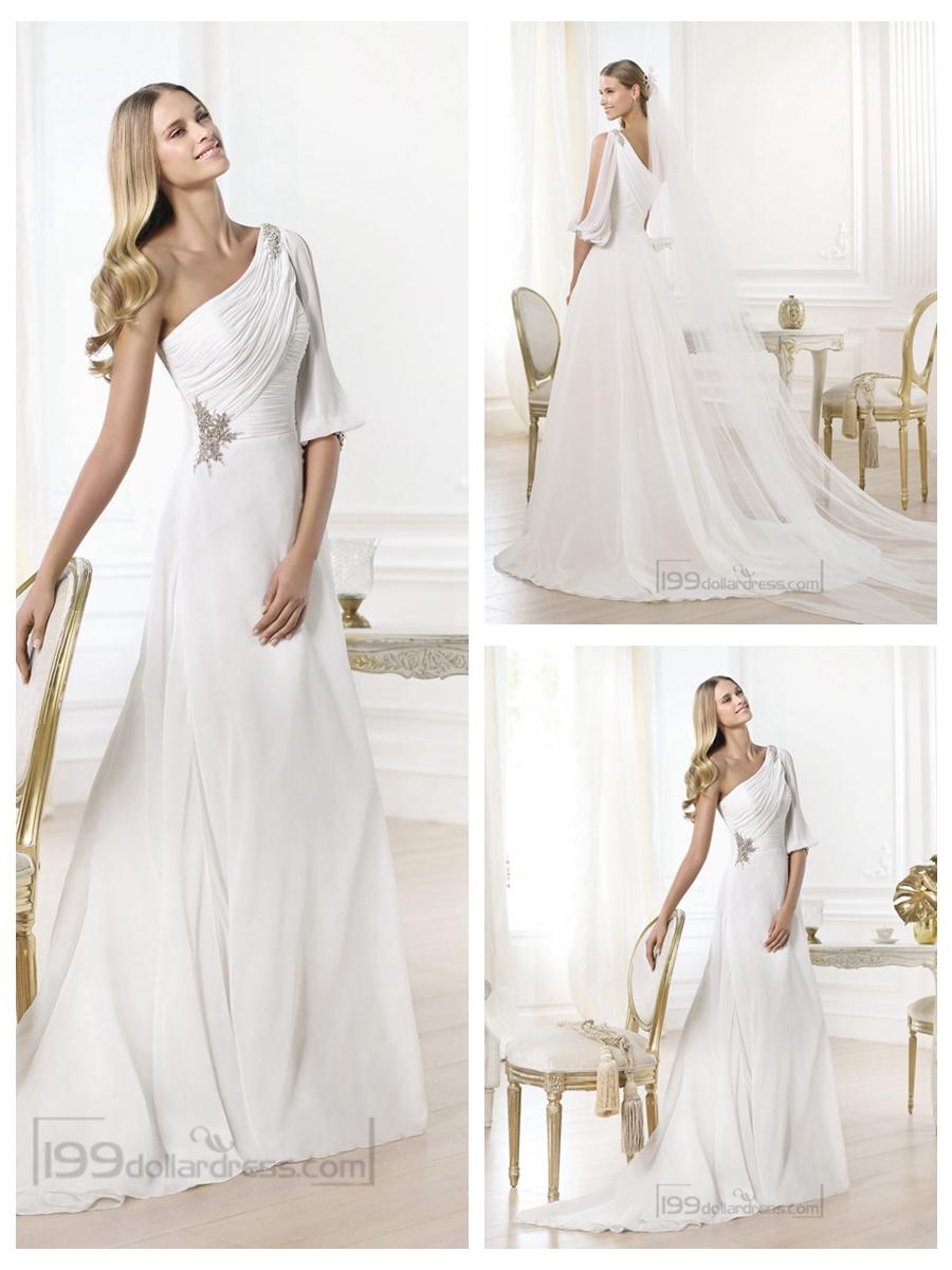 Hochzeit - Stunning One-shoulder Draped A-line Wedding Dresses with Opened Shoulder-length Sleeve