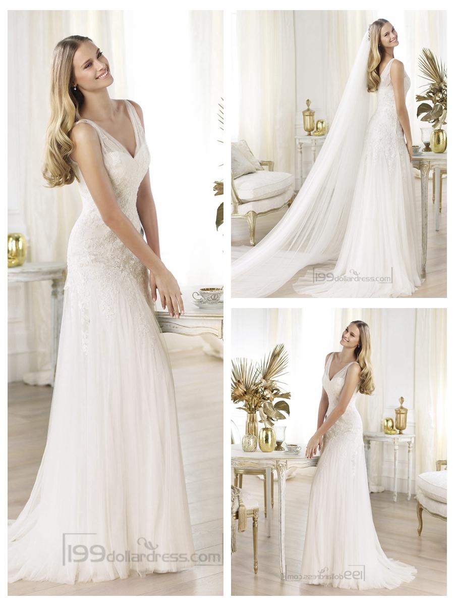 Mariage - Elegant Semi-sheer Draped V-neck Lace Applique A-line Wedding Dresses