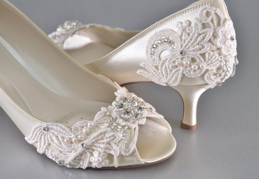 Mariage - Woman's Low Heel Wedding Shoes- Woman's Vintage Wedding Lace Peep Toe Heels, Women's Bridal Shoes, Wedding Shoes, Women's shoes Bridesmaid