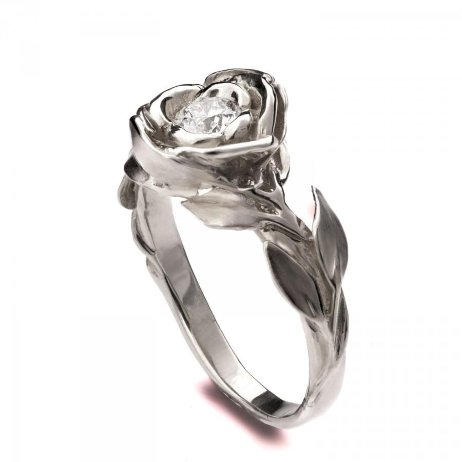 Hochzeit - GIA Certified, Rose Engagement Ring - White Gold and Diamond engagement ring, engagement ring, leaf ring, flower ring, antique, vintage