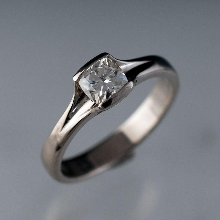Hochzeit - Cushion Moissanite Fold Solitaire Engagement Ring in nickel free 14k White Gold, Forever Brilliant Moissanite, Diamond Alternative