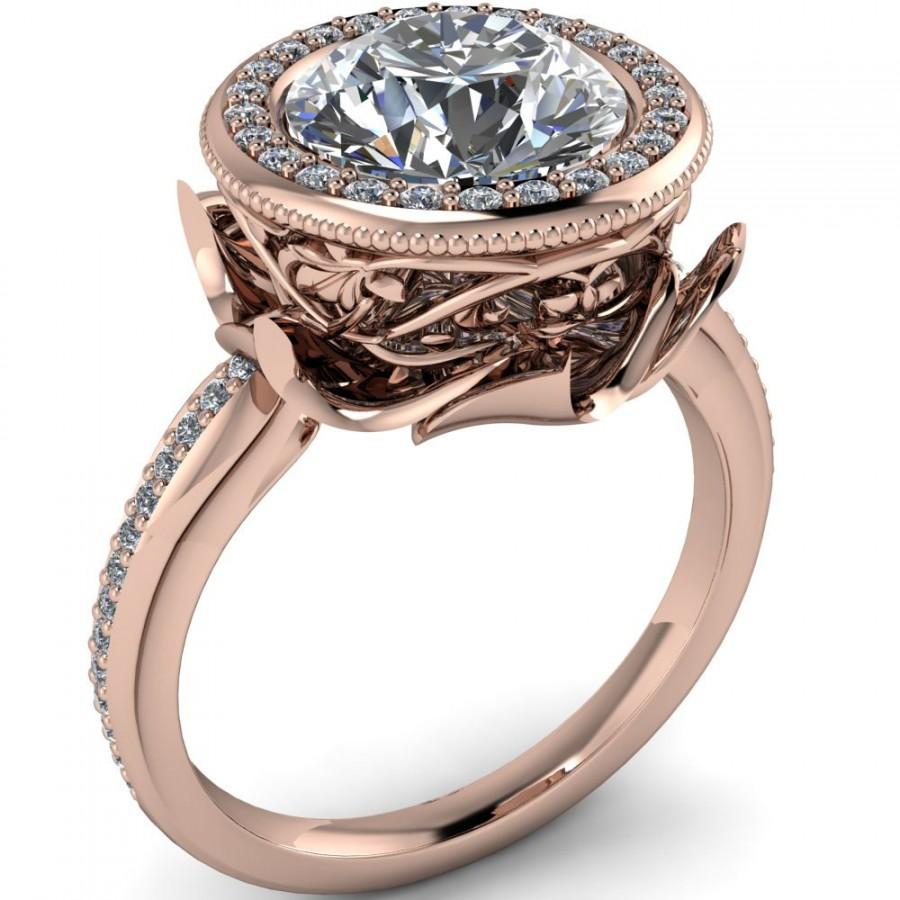 Wedding - Charles & Colvard Forever Brilliant Moissanite Custom Floral and Vine Bezel Design with Diamond Halo