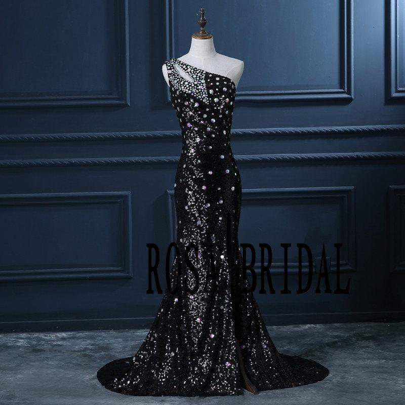 Wedding - Black Sequins Lace prom dress Mermaid Prom dress One Shoulder Custom size