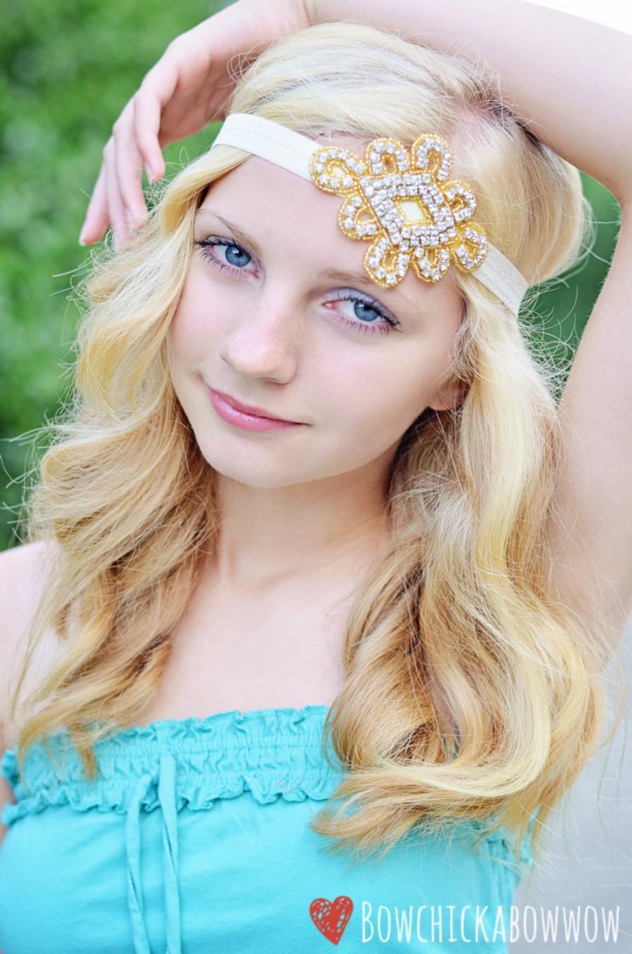 Hochzeit - Gold Crystal Boho Headband, Rhinestone Beaded Headband - Stretch Headband Custom Color with Beaded Gold Applique - Prom, Gatsby, Retro, Gift
