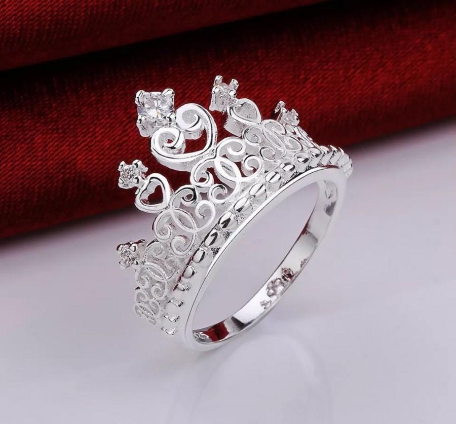 زفاف - Sterling Silver Cubic Zirconia Princess Crown ring size 8