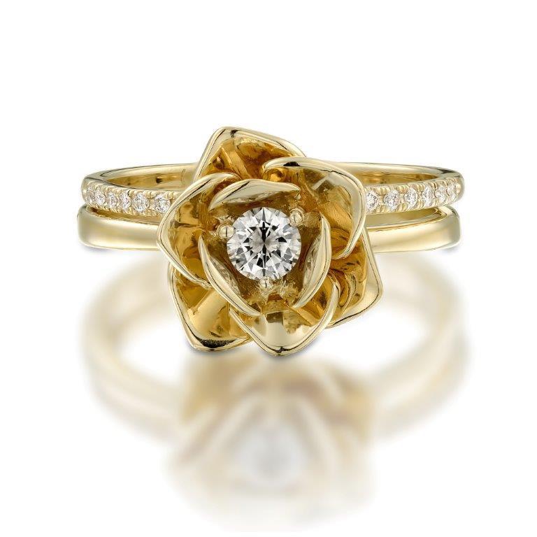 Wedding - 14k Yellow Gold Ring. Floral/ Flower shape ring. Diamond ring. Engagment ring. Art deco. Anniversary rings. A Gift For Her. Original Design.