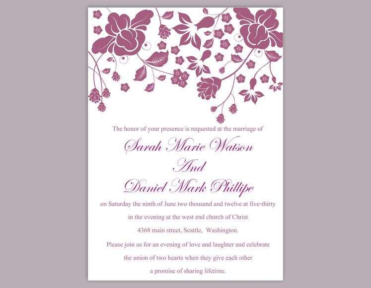 Mariage - DIY Wedding Invitation Template Editable Word File Instant Download Printable Invitation Eggplant Wedding Invitations Flower Invitation