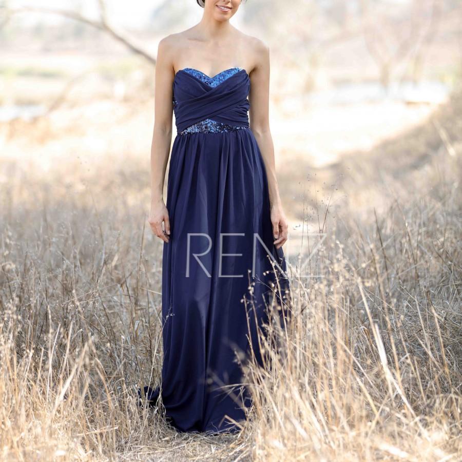 Wedding - 2015 Long Navy Blue Bridesmaid dress, Beaded Sequin Wedding dress, Strapless Chiffon Maxi dress, Sweetheart Prom dress floor length (T132)