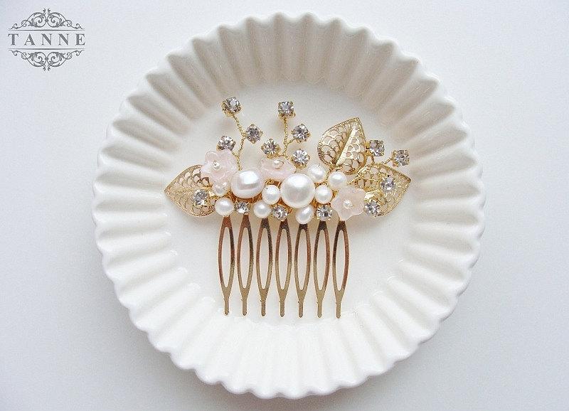 زفاف - Gold Pearl Comb, Bridal Leaf Headpiece, Crystal and Pearl Comb, Wedding Pearl Comb, Gold Comb, Wired Comb, Gold Hair Accessory, Bridal Pearl