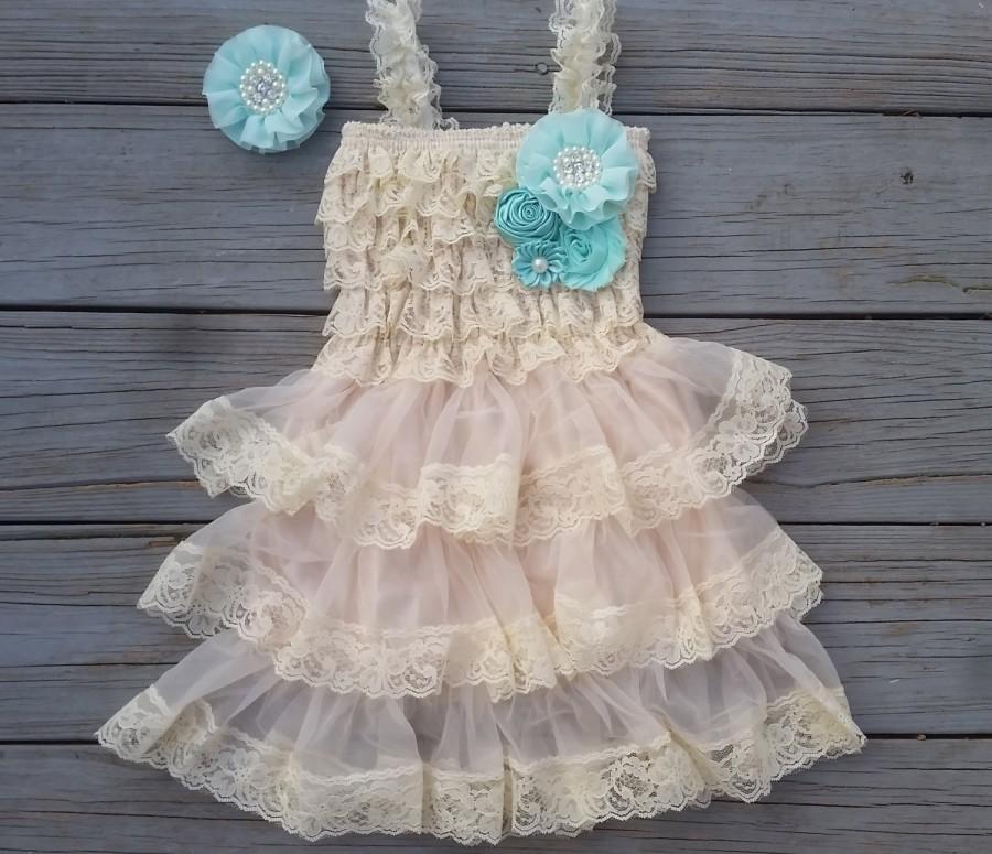 Wedding - Mint Blue Turquoise Flower Girl Lace Dress,Rustic Flower Girl Dress, Champagne Flower Girl, Country Wedding, Mint, Flower Girl Dress