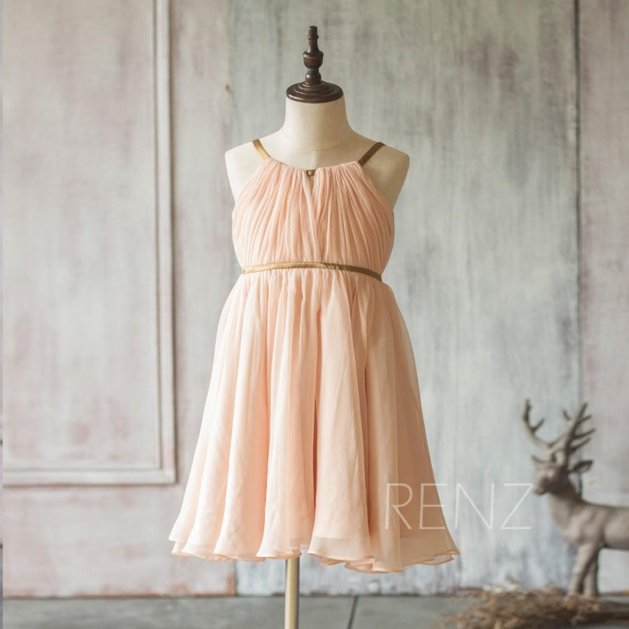 Hochzeit - 2015 Peach Junior Bridesmaid Dress, Spaghetti Strap Flower Girl Dress, a line Chiffon dress, Baby Girl dress knee length (FK312)