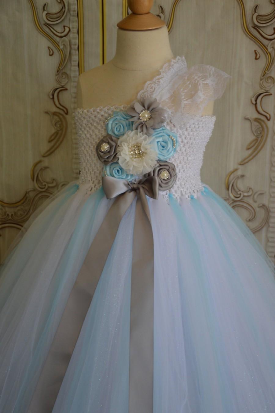 زفاف - white light blue & silver flower girl Tutu Dress