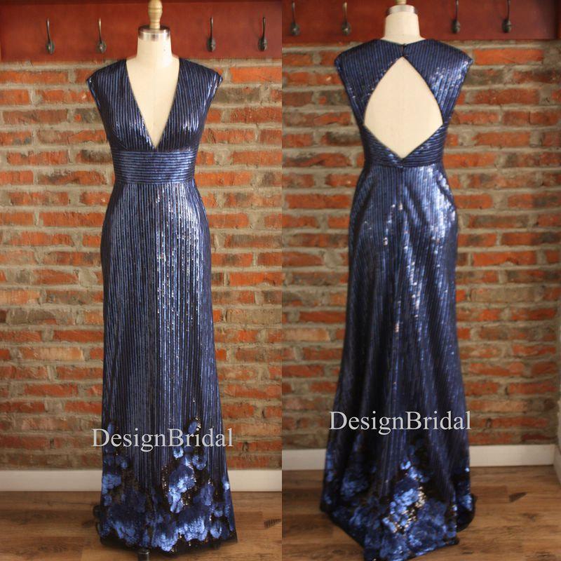 Mariage - 20%OFF V Neck Fashion Stripe Sequined Long Evening Dress,High Quality Women Sexy Formal Dress,Cap Sleeves Applique Dark Blue Long Dresses