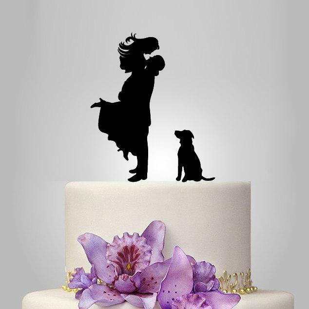 زفاف - Bride and Groom silhouette wedding Cake Topper with dog,  acrylic Wedding Cake Topper,  unique wedding cake topper, funny topper